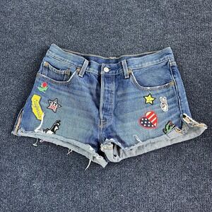 Levis Denim Shorts Womens 31 Blue Cutoff Distressed Patch Embroidered Jeans